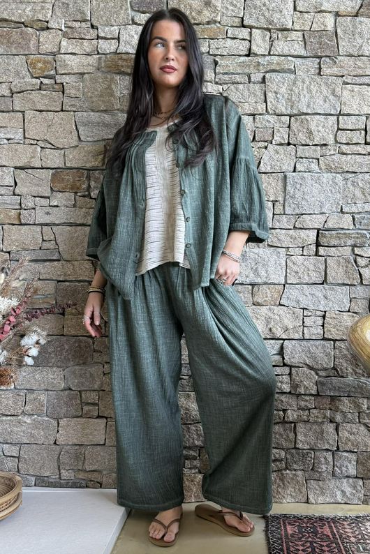 Loom & Thread Pin Tuck Blouse Washed Moss /40=